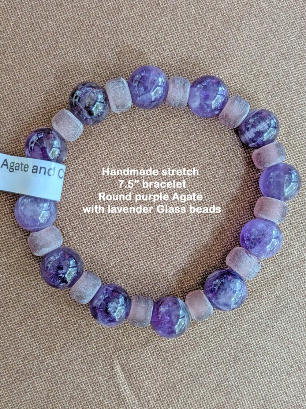 Handmade stretch 7.5" bracelet, Round purple Agate & lavender Glass beads